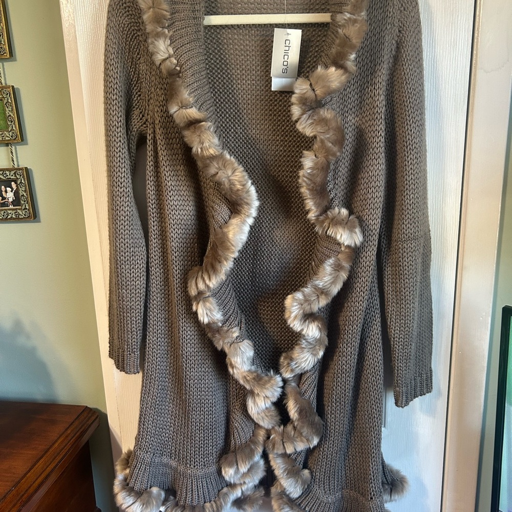 Chico's dark tan Knit Cardigan with Faux Fur Trim